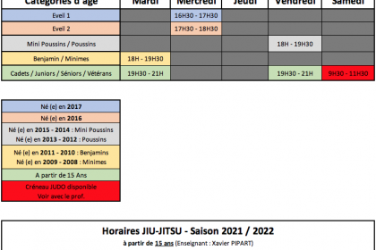 Horaires de la saison 2021 - 2022